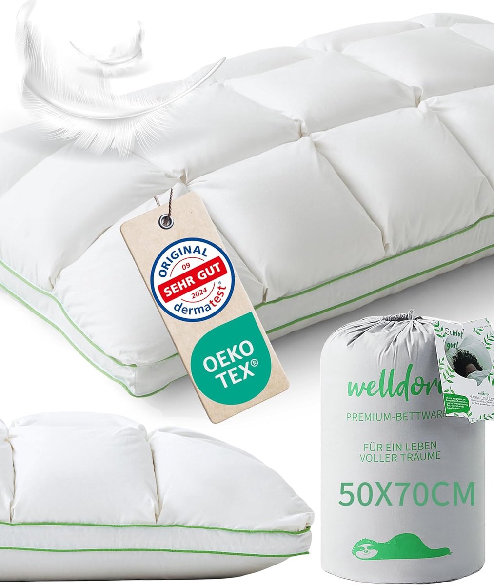 SnelShoppen - Welldora Premium Hoofdkussen 50 x 70 cm | 100% Donsvezels en Veren | Innovatief Middelhard Kussen voor Maximaal Comfort en Ergonomie | O