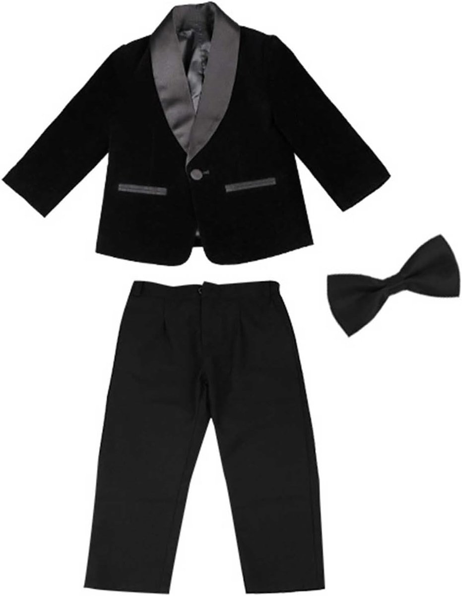 SnelShoppen - Peuter Baby Jongens Lente Patchwork Lange Mouw Broek Jas Outfits met Vlinderdas 3PC Kleding voor Feest, Casual, en Speciale Gelegenheden