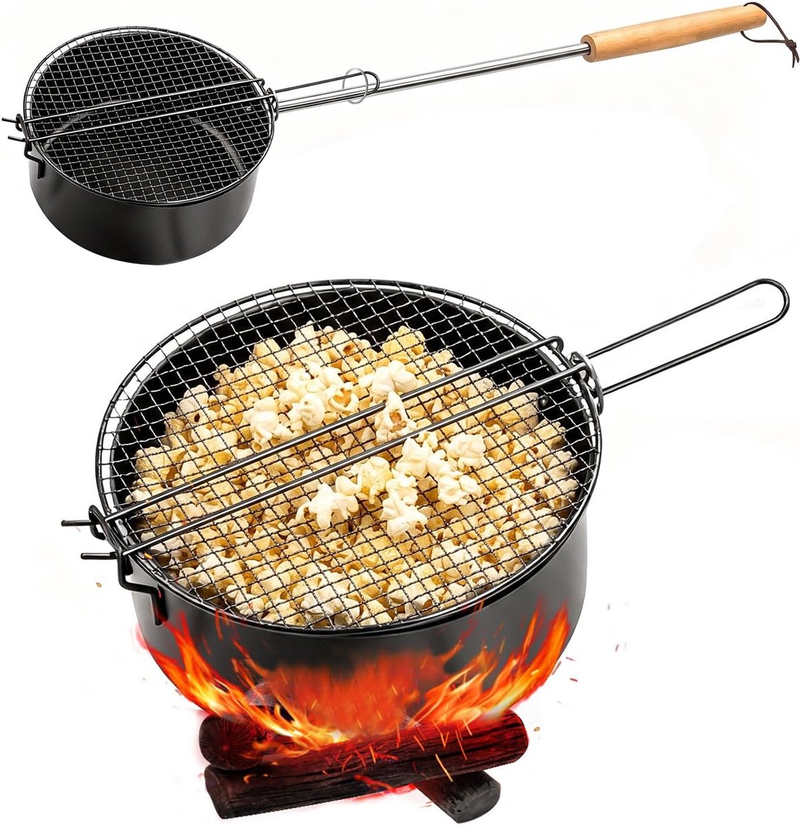 SnelShoppen - Popcornmaker Kampvuur Koolstofstaal met Hittebestendige Handgreep - Draagbare Popcornpan voor Buiten, BBQ, Camping en Tuinfeest - 49 cm