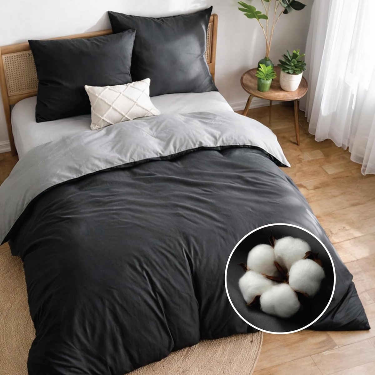 SnelShoppen - Reversible Duvet Cover 200x200 - Donkergrijs - 3-Delig Beddenset met 2 Kussenslopen 50x70 - Oeko-Tex Goedkeuring - Wasbaar tot 60°C - Ad