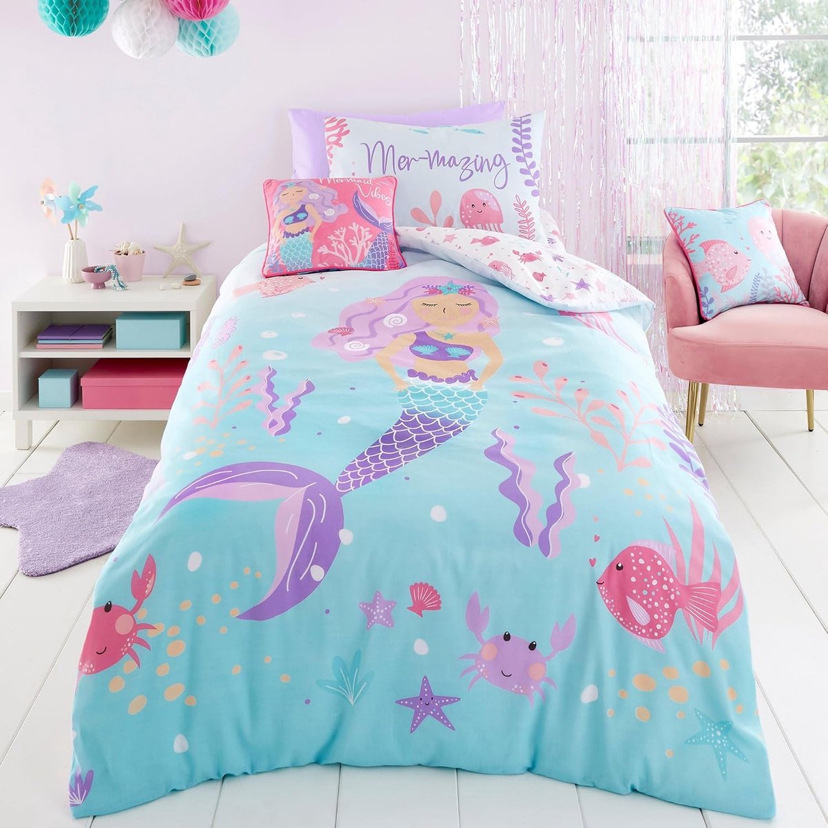 SnelShoppen - Pink Mermaid Dekbedovertrek Set - Eenpersoons Bedding 200 x 140cm - Oceaan/Zeedieren Slaapkamer Accessoires - Zeedier Dekbedovertrek - M