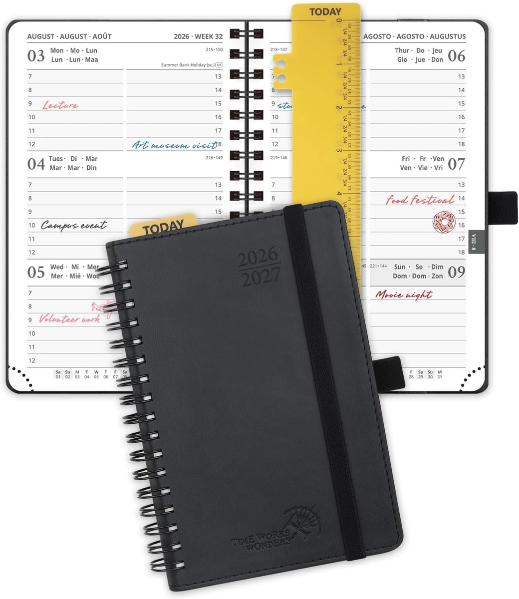 SnelShoppen - Pocket Agenda 2026 2027 Weekly Planner - 16x10.5 cm - Spiraalbinding - 17 Maanden - Zwart - 2 Pagina's per Week - Perfect voor Studenten