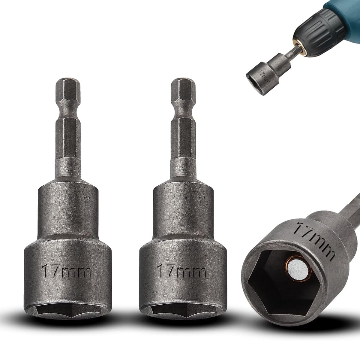 SnelShoppen - Hexagon Bit Set 17 mm - 3 Stuks Magnetische Steeksleutel Adapters - 17-delige Steeksleutelset - 1/4 Inch Hex Shank voor Handboor, Steeks