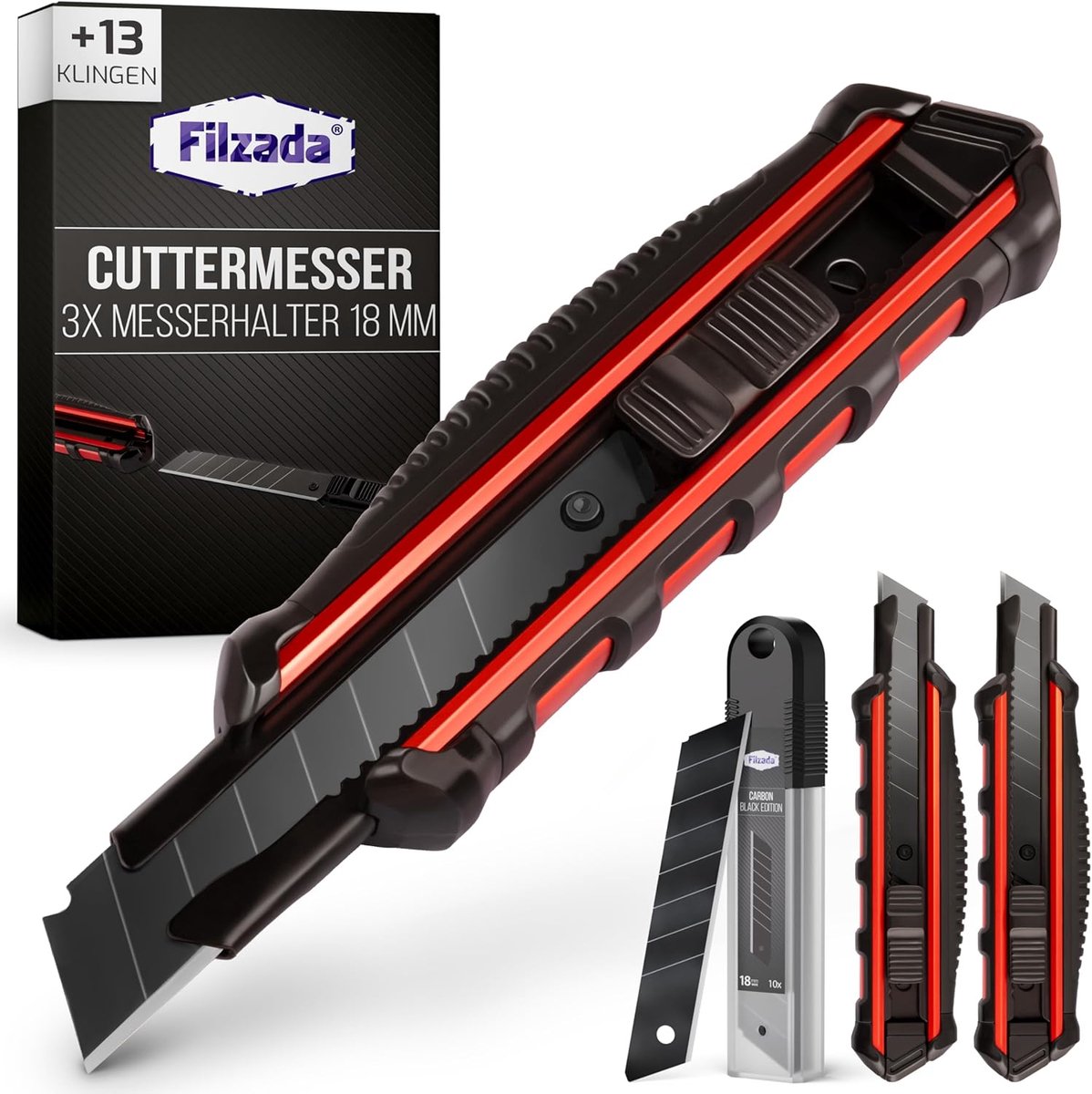 SnelShoppen - Professioneel Snijmes Set 3x - 18mm Robuuste Cutter met 13x Carbon Stalen Vervangbladen - Ergonomisch en Ultra-Scherp voor Werkplaats en