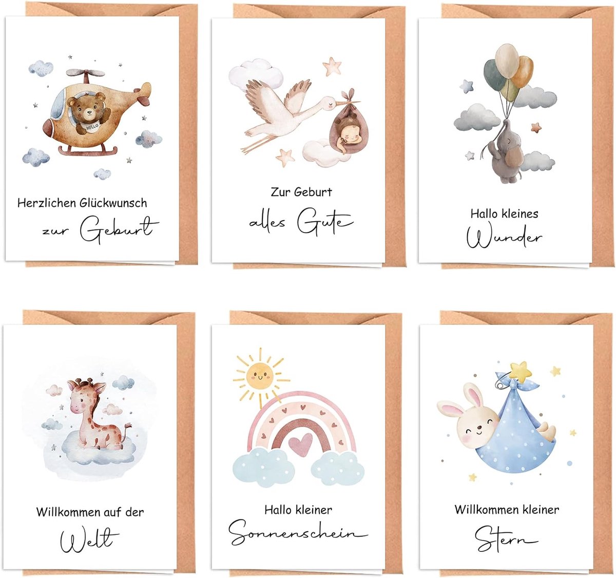 SnelShoppen - 6 x hoogwaardige geboortekaarten met envelop - A6 vouwkaarten felicitatiekaart geboorte jongen meisje - waterverf design
