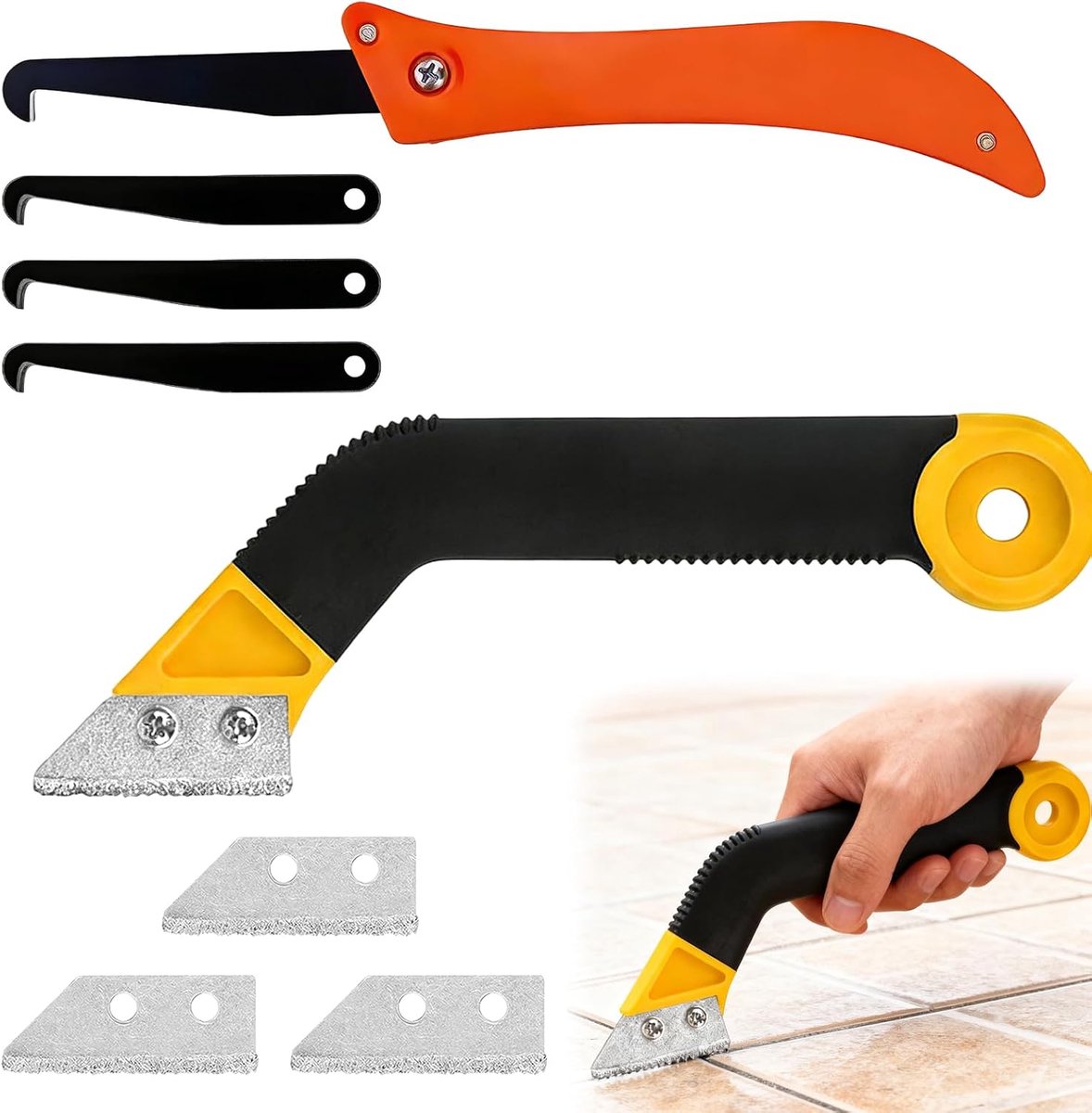 SnelShoppen - Voegverwijderaar Gereedschap Set - Gebogen Voegreiniger en Voegkrabber voor Tegels met 8 Reservemesjes - Ideaal voor Badkamer, Keuken, W
