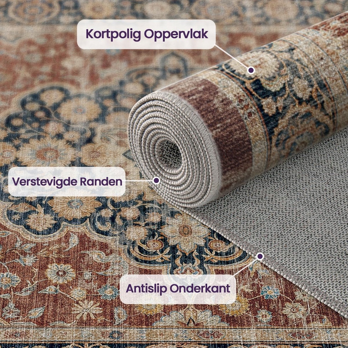 SnelShoppen - DEXI Loper Hal 60 x 150cm, Antislip Vintage Tapijt, Wasbaar, Absorberend, Dun Bloemen Design voor Keuken, Entree, Waskamer, Rood