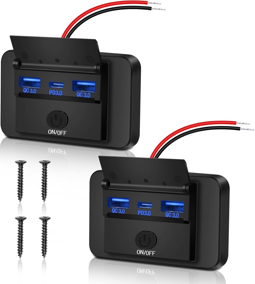 SnelShoppen - 2-delige USB Oplaadstekker 12V Auto Lader Dual QC3.0 en PD3.0 Type C Mobiele Telefoon Snellader Waterdicht met Schakelaar voor 12V/24V C
