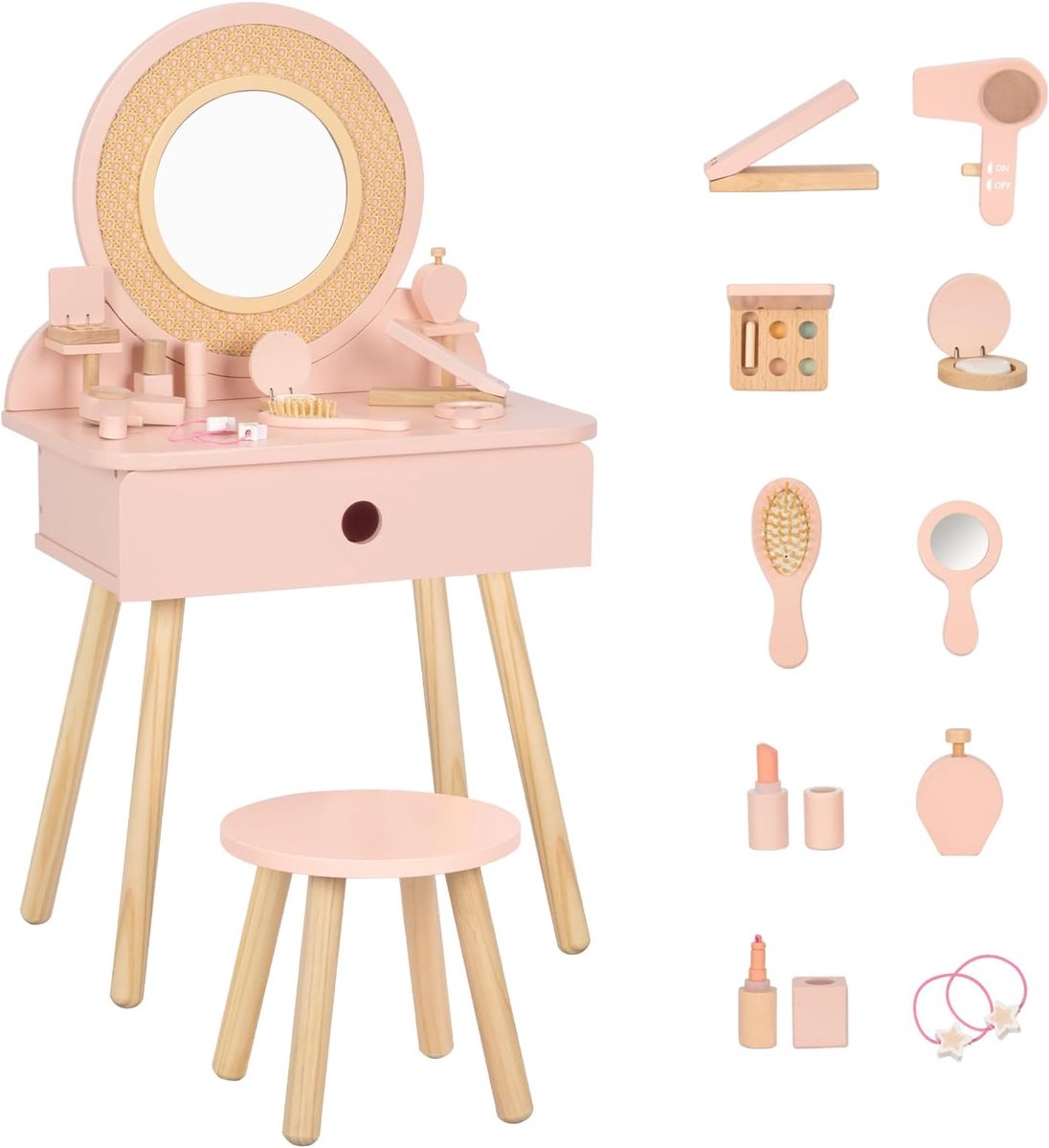 SnelShoppen - Kinder Kaptafel met Kruk en Spiegel - Houten Make-up Tafel voor Meisjes - Roze - Met Speelgoed Make-up Accessoires - Geschikt voor Kinde