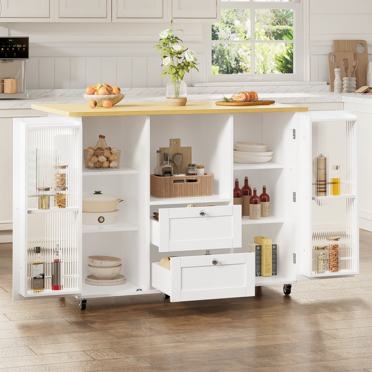 MEUNIQ keukeneiland op wielen 120 x 45(70) x 92 cm met inklapbaar werkblad, 2 lades, kruid