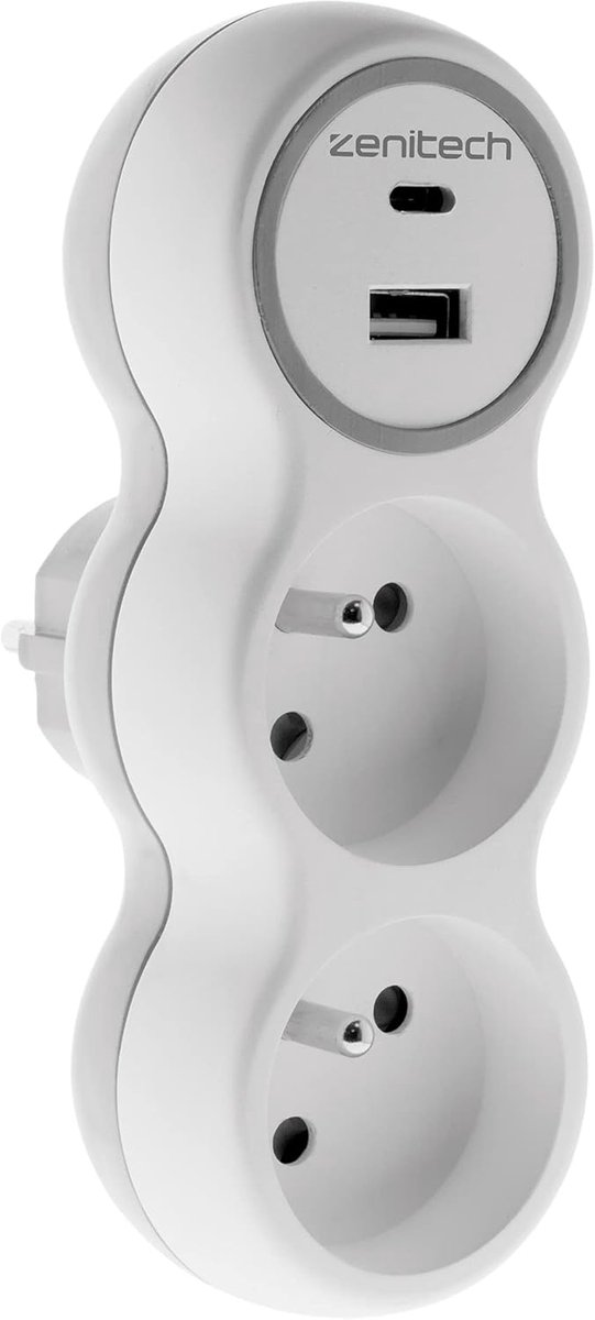SnelShoppen - Biplite 16A Stopcontact met 2 USB A+C Opladers - Wit & Grijs - Voor Thuis, Kantoor, Camping - Snelle Oplader voor Mobiele Apparaten