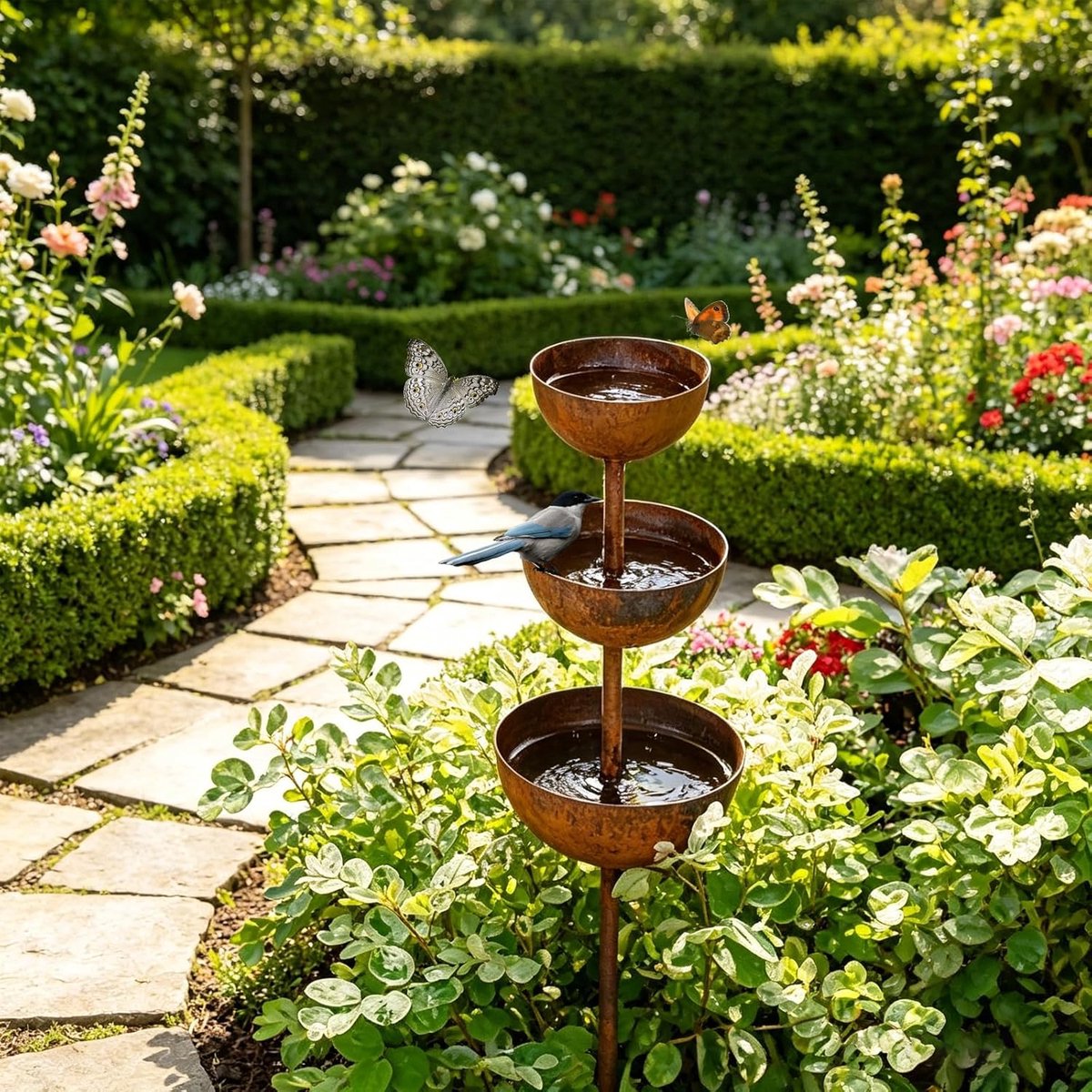 SnelShoppen - Vogelvoederstation met Waterbak voor Buiten - Retro Tuin Vogelbad van Metaal - 3 Niveaus met 6, 8 en 10 cm Kommen - Ideaal voor Tuin, Pa