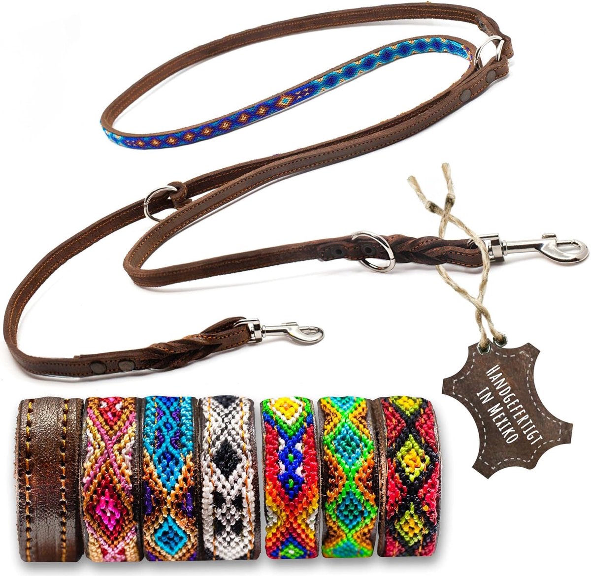 SnelShoppen - Handgemaakte Leer Hondentuig, Robuuste Vetleren Leash met Kleurrijke Borduursels, Verstelbare Leash voor Kleine Honden, Blauw