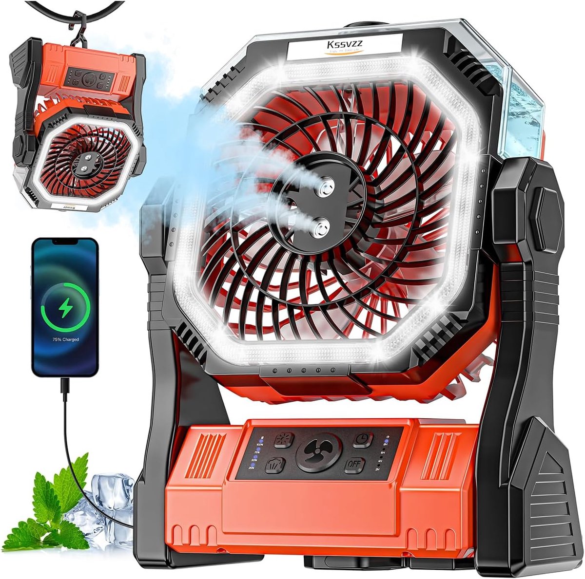 SnelShoppen - Misting Camping Fan 20000mAh Oplaadbare Ventilator met 4 Snelheden, Timer, 350mL Watertank & LED Licht voor Camping, Tuin, Strand, BBQ e