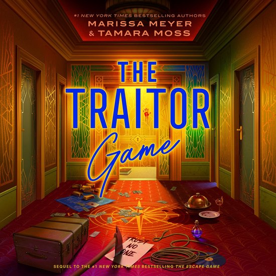 De cover van 'The Traitor Game' toont een luxe kamer met een rode deur en gouden ornamenten. Op de vloer liggen geld, een kompas, een koffer, een mes en een briefje met 'TRUST NO ONE'.
