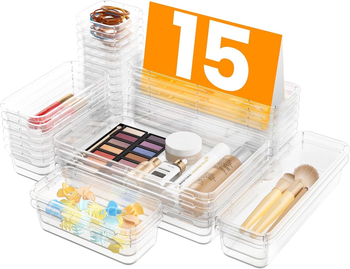 Thijox - 15 Stuks Lade-Organizer Set, Doorzichtige Makeup- en Badkamerorganizers, Plastic Bureau- en Keukenopslag, Multifunctionele Verdelers voor Kan