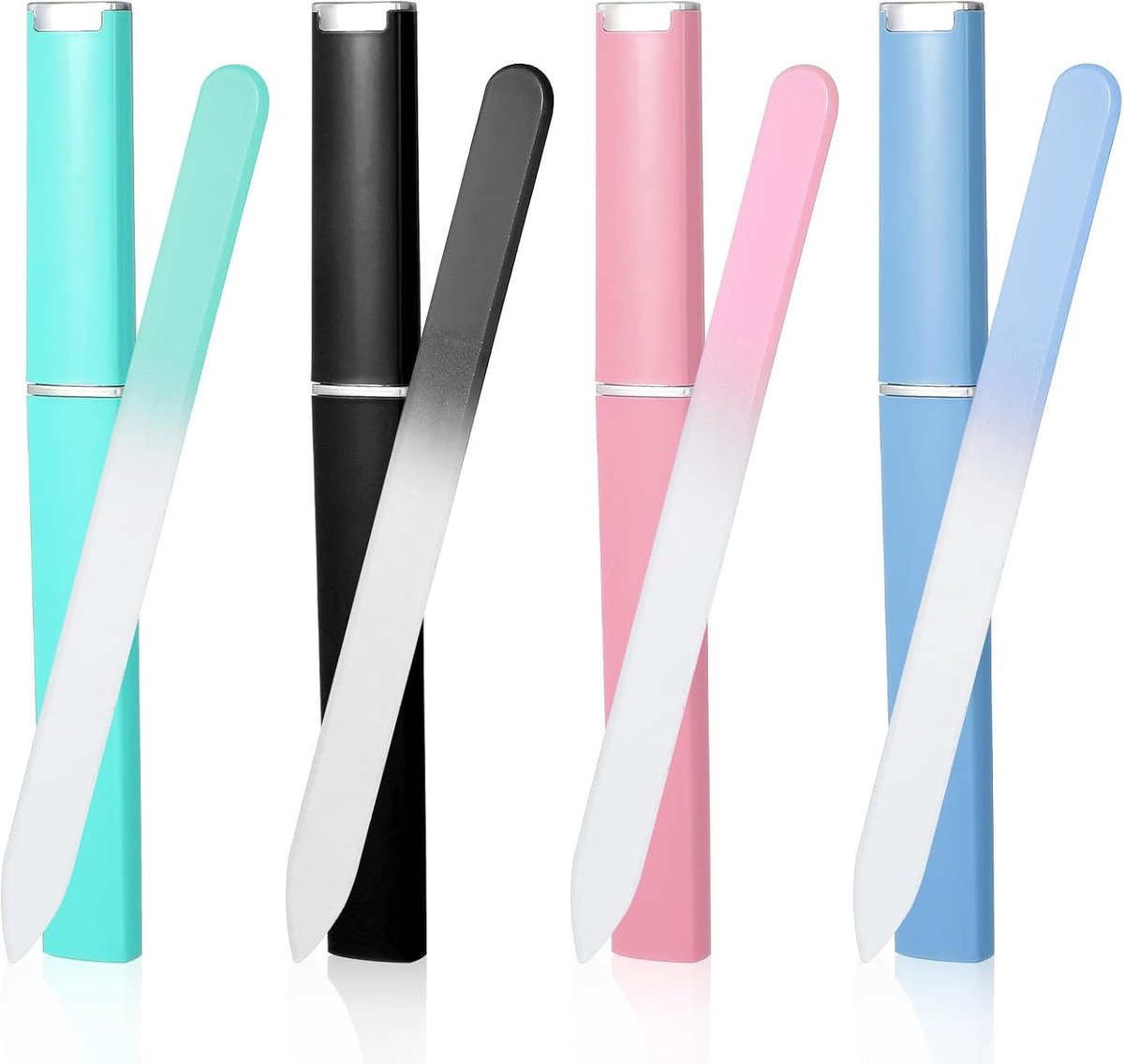Thijox - 4 Professionele Glazen Nagelvijlen met Etui, Dubbelzijdig Kristaloppervlak, Manicure Gereedschap voor Vrouwen in Blauw, Roze, Groen en Zwart