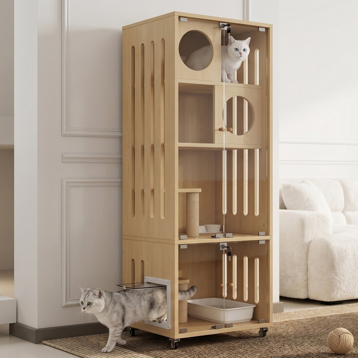 OKWISH Kattenkooi Met Wielen – 60 x 50 x 156 cm – MDF en Glas – Naturel – Met Slot, Kattenluik en Krabpaal voor Binnen