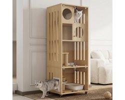 OKWISH Kattenkooi Met Wielen – 60 x 50 x 156 cm – MDF en Glas – Naturel – Met Slot, Kattenluik en Krabpaal voor Binnen