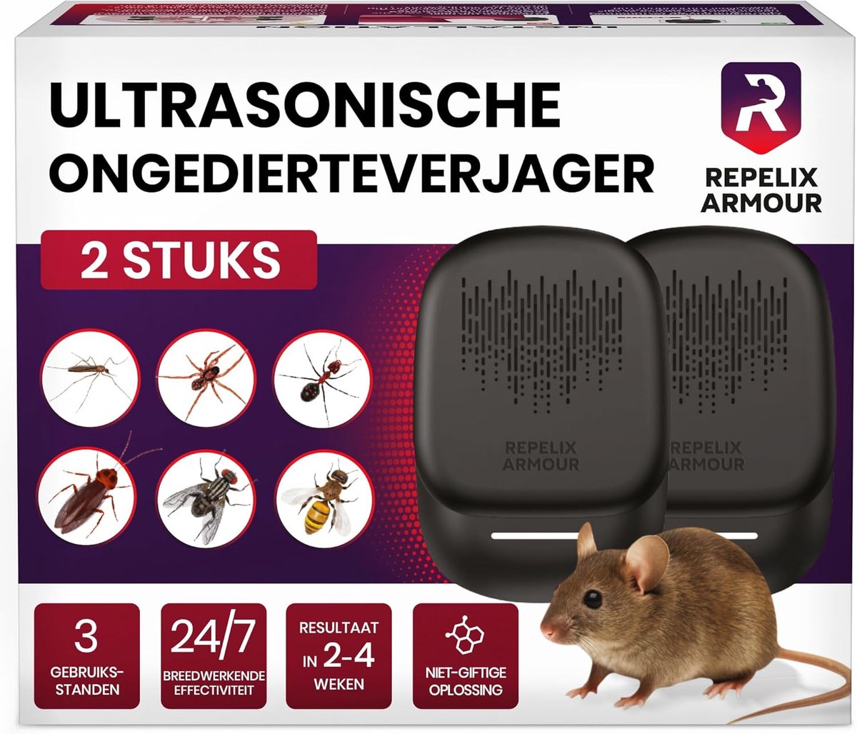 SnelShoppen - Ultrasone Ongedierteverjager Set van 2 - Tot 140m² Dekking - 3 Modi - Voor Muizen, Ratten, Spinnen, Muggen, Mieren, Insecten & Vliegen -