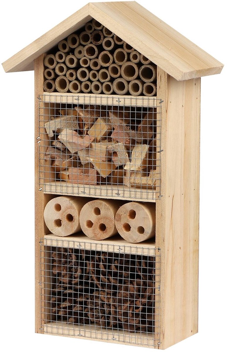 Sunnydays Insectenhotel Insecticon - hout - naturel/lila - 20 x 10 x 33cm - bijenhotel / Insectenhuis