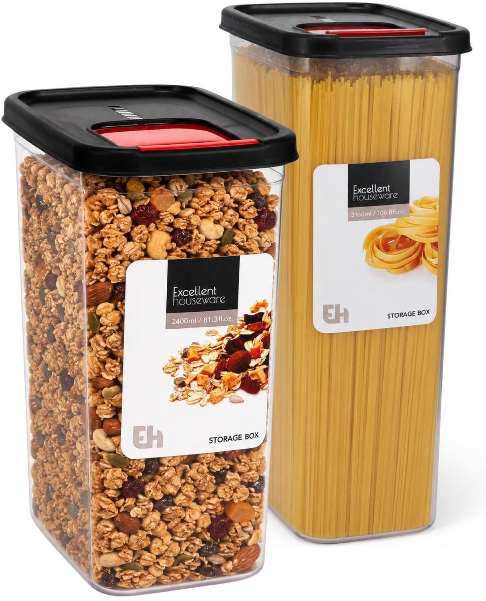 Voedselcontainer strooibus - 4x - 2400 / 3100 ml - kunststof - zwart - opbergen