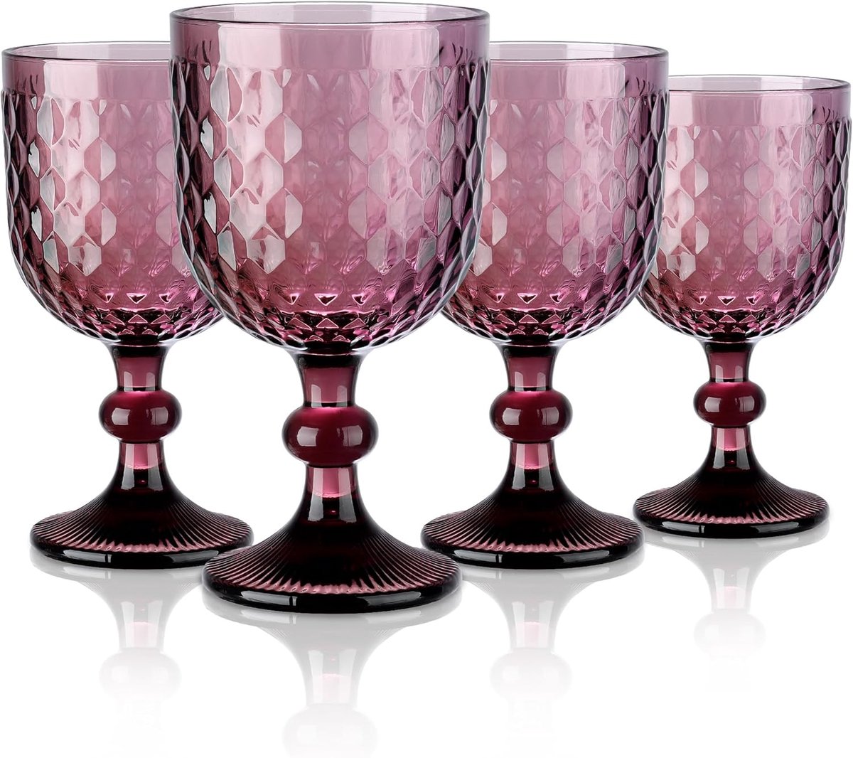 SnelShoppen - Set van 4 Vintage Purple Wijnglazen 350ml met Reliëf Ontwerp - Vaatwasmachinebestendig Retro Bokaal Glazen voor Wijn, Sap en Dranken - K