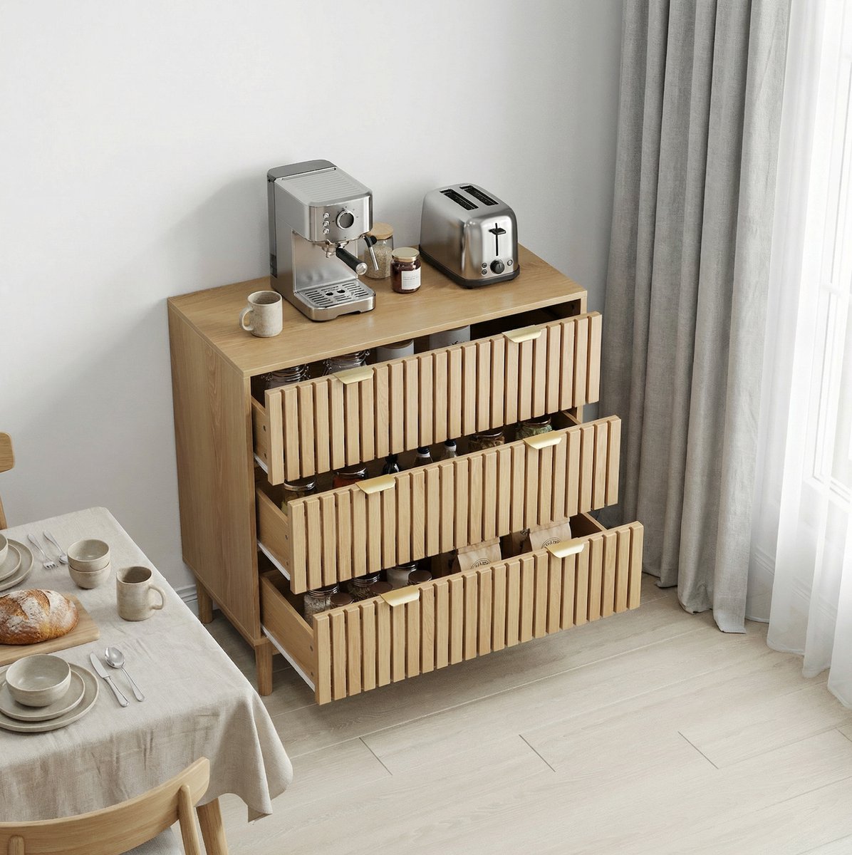 Wishdor - Dressoir - 3 lades - verticale fronten - landelijk retro - voor woonkamer slaapkamer of hal - houtlook en massief houten poten - eikenkleur - 80 x 39 x 80 cm