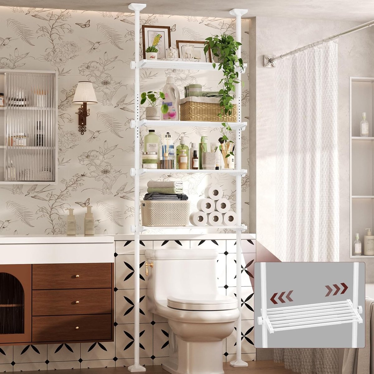 SnelShoppen - Yeabett WC-rek 163-315 cm, 4-laags badkamerorganizer, wit, veelzijdig voor badkamer, keuken, woonkamer, bijkeuken, bovenwasmachinekast,