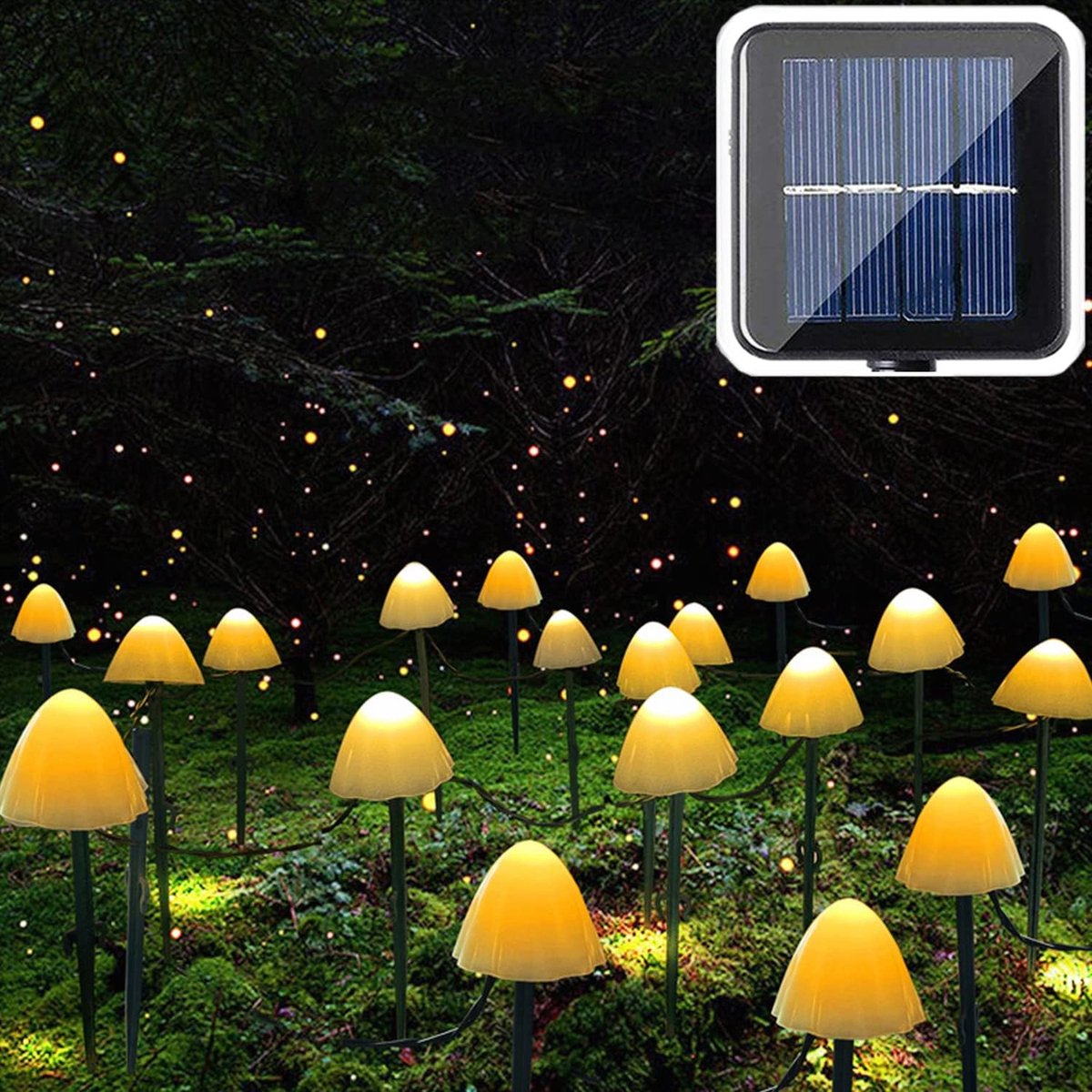 SnelShoppen - 20 Paddenstoel LED-tuinlampen op Zonne-energie, 5 m Lichtsnoer, Waterdichte Buitenverlichting, 8 Modi, Warm Wit, Decoratie voor Tuin, Br