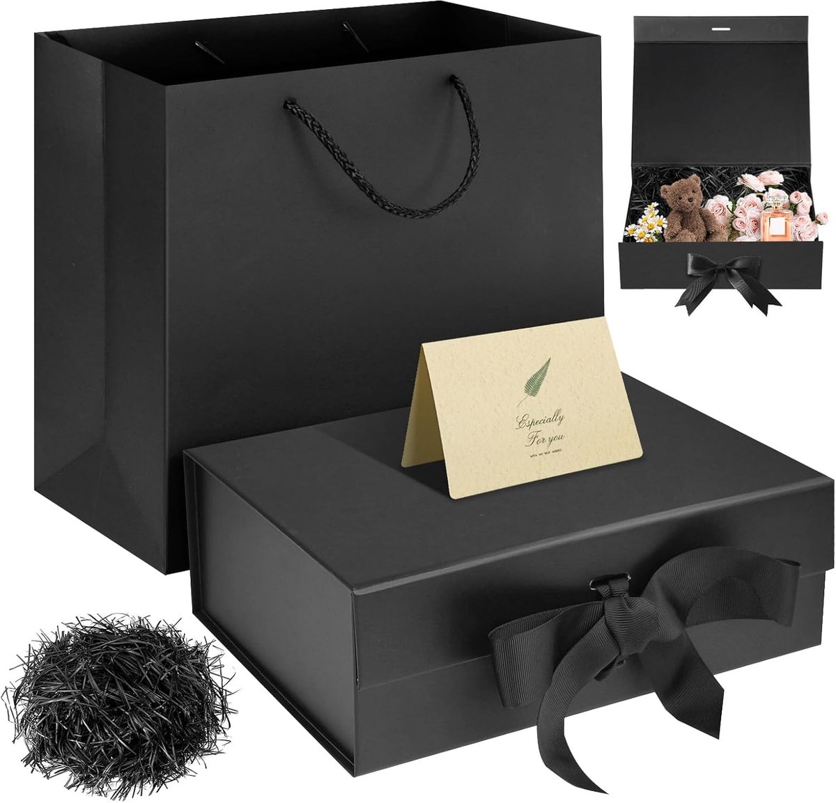 SnelShoppen - Zwarte Luxe Magnetische Geschenkdoos 31x22x10cm met Lint, Versnipperd Papier en Wenskaart - Perfect voor Bruidsdouches, Kerst en Feesten