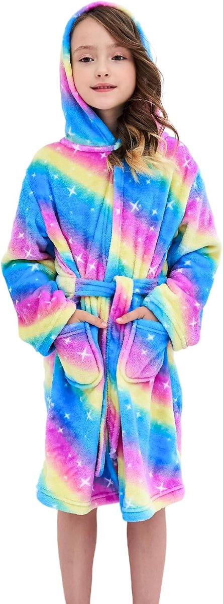 SnelShoppen - Meisjes Zachte Fleece Badjas met Capuchon - Nachtkleding voor Kinderen - Comfortabele en Warme Badjas - Perfect voor Thuis en Slapen - R