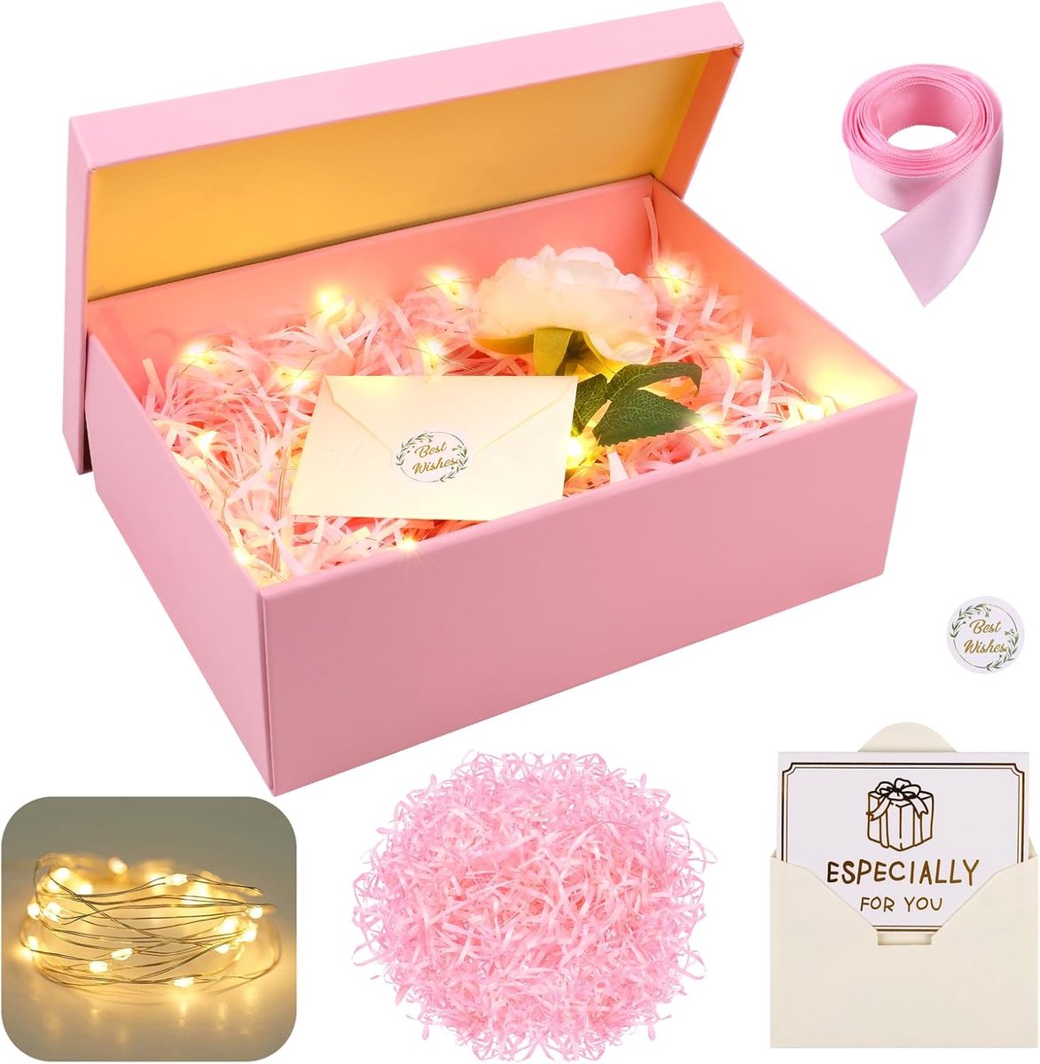 SnelShoppen - Geschenkdoos met Deksel voor Verjaardag, Bruiloft, Feestdagen - Roze Geschenkdoos 25x18x8,5 cm - Inclusief Raffia Wenskaarten voor Cosme