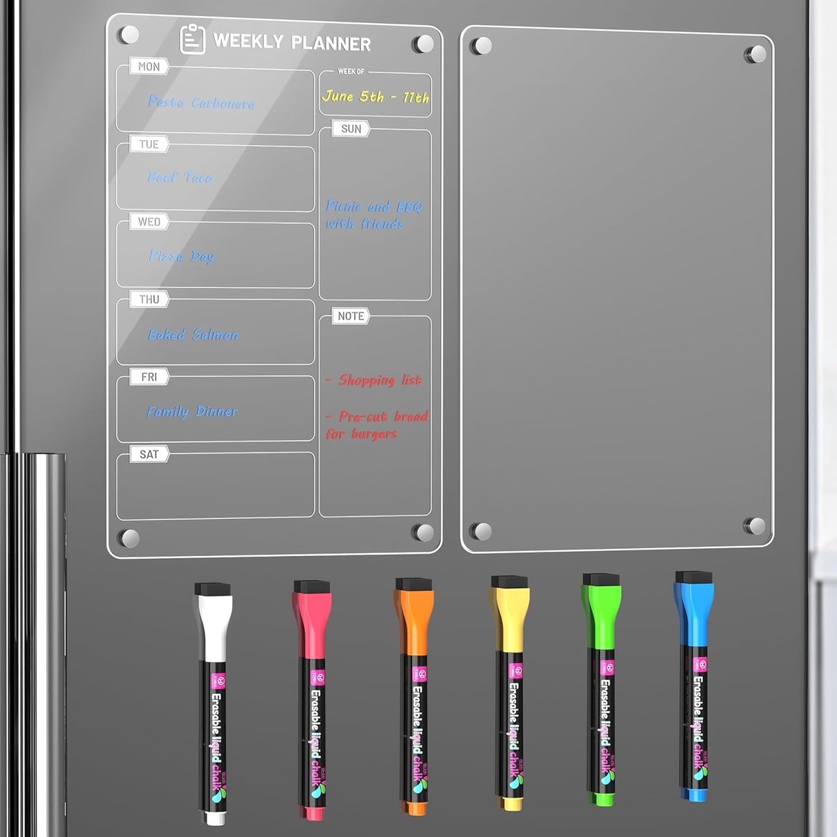 Thijox - Set van 2 Afwisbaar Magnetische Wekelijkse Memobord A4 - Koelkast Acryl Magnetisch Bord met 6 Krijtstiften voor Takenlijsten, Menuplanning en
