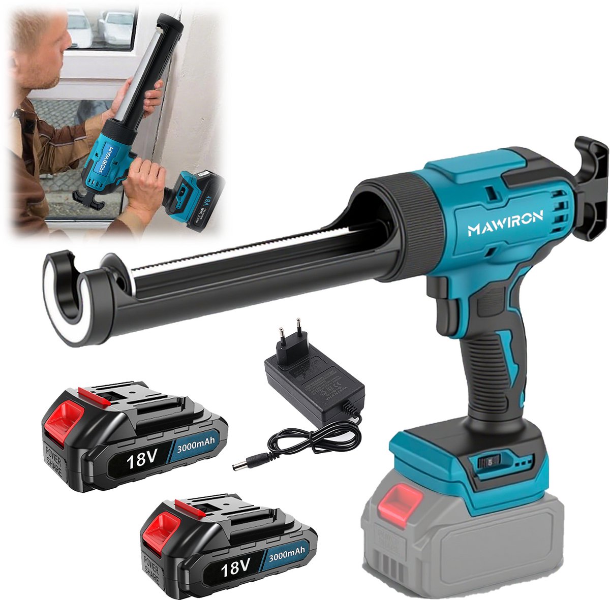 Accu kitpistool 18V, variabele snelheid, inclusief 2 stuks 3,0Ah accu’s en EU‑oplader, geschikt voor silicone‑ en afdichtkit