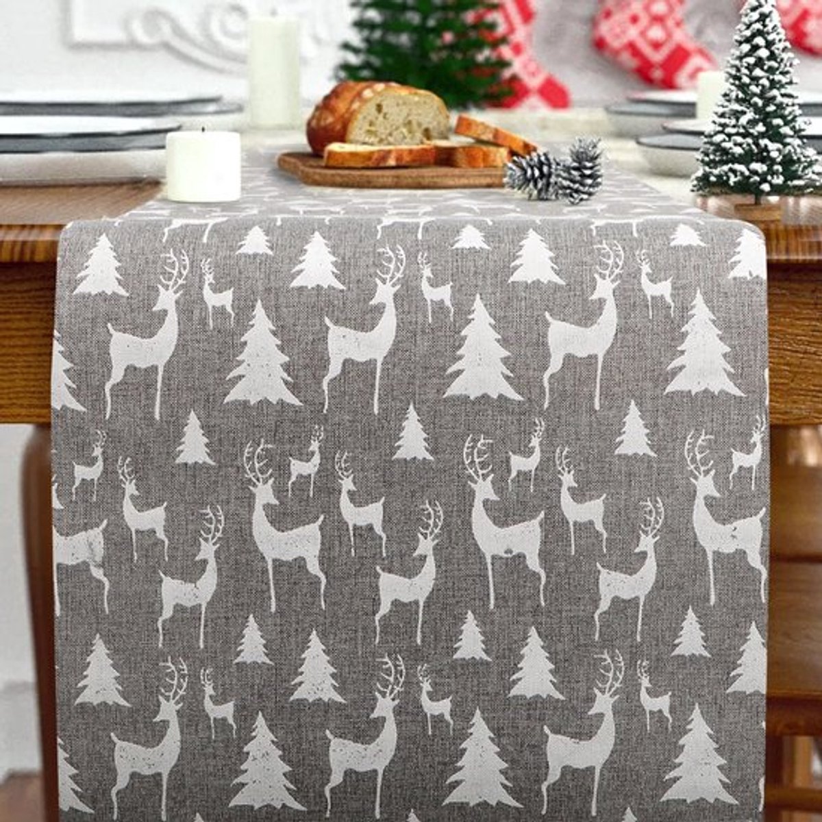 28 x 274cm Kerst Tafelrokken Witte Hert Tafelrok Kerst Diner Tafel Decoraties voor Seizoensgebonden Winter Kerstkeuken Feest