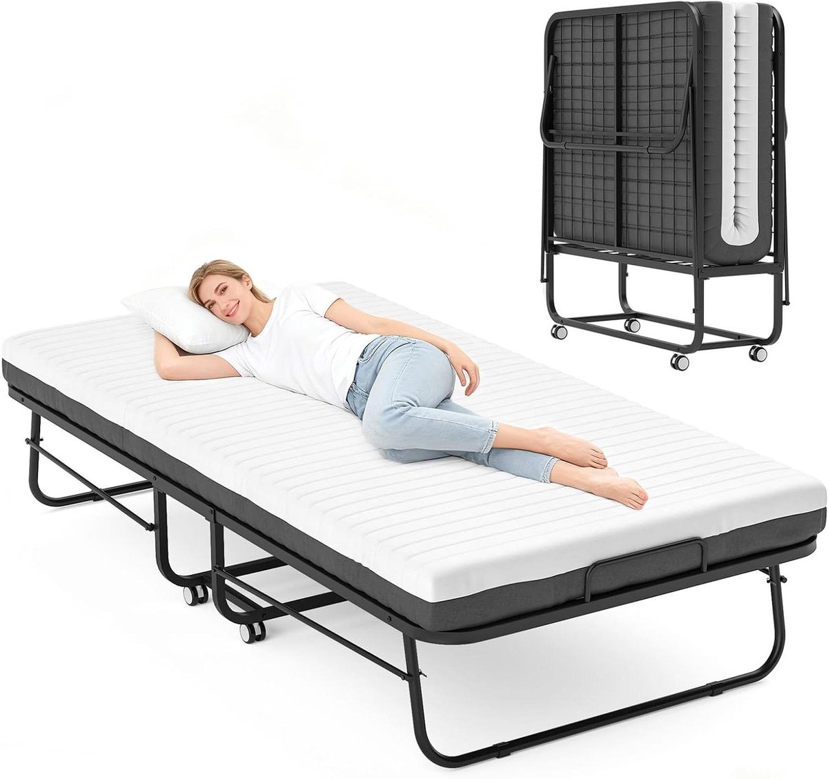 Opklapbed met matras - Gastenbed vouwbed - Comfortabel slapen - Stabiel stalen frame - 80x190 cm - Wit/grijs