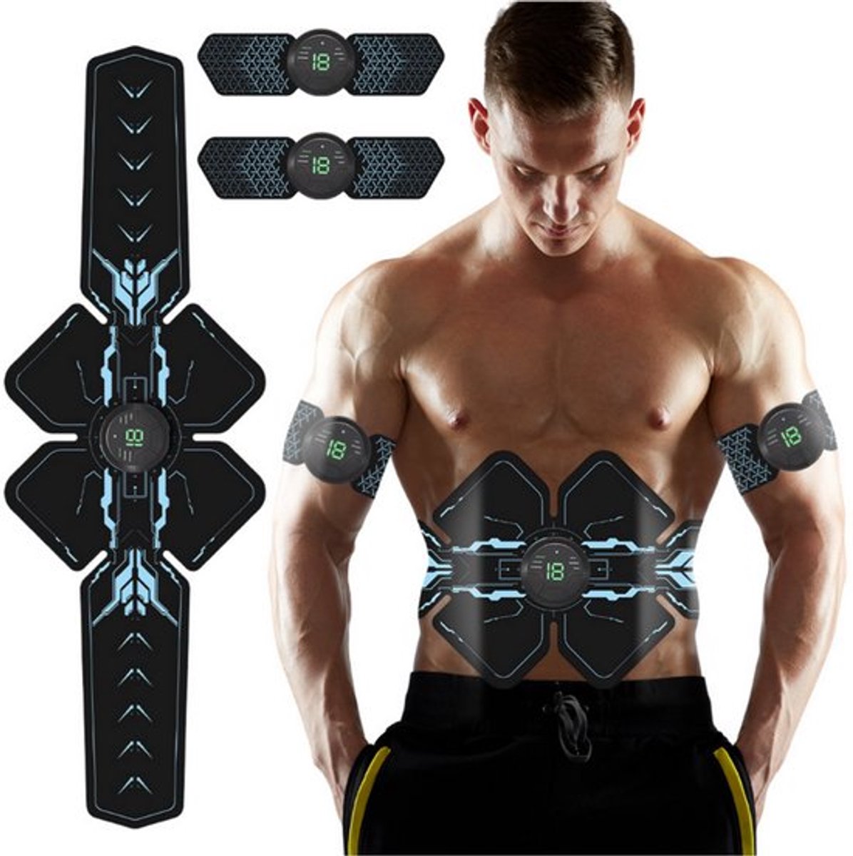 EMS Buikspiertrainer – Elektrische Spierstimulator voor Buik, Armen & Benen – Buikspier Apparaat met 6 Programma’s & 9 Intensiteiten – AB Trainer - Tens Apparaten - Thuis Fitness – Afvallen Buik – Unisex – Oplaadbaar & Draadloos