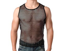 Heren sexy mesh-vest transparant visnet, mouwloos, ronde hals, onderhemd maat L
