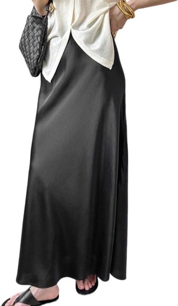 Satijnen damesrok met hoge taille - Zomerse elegante zwarte lange rok (maat L)