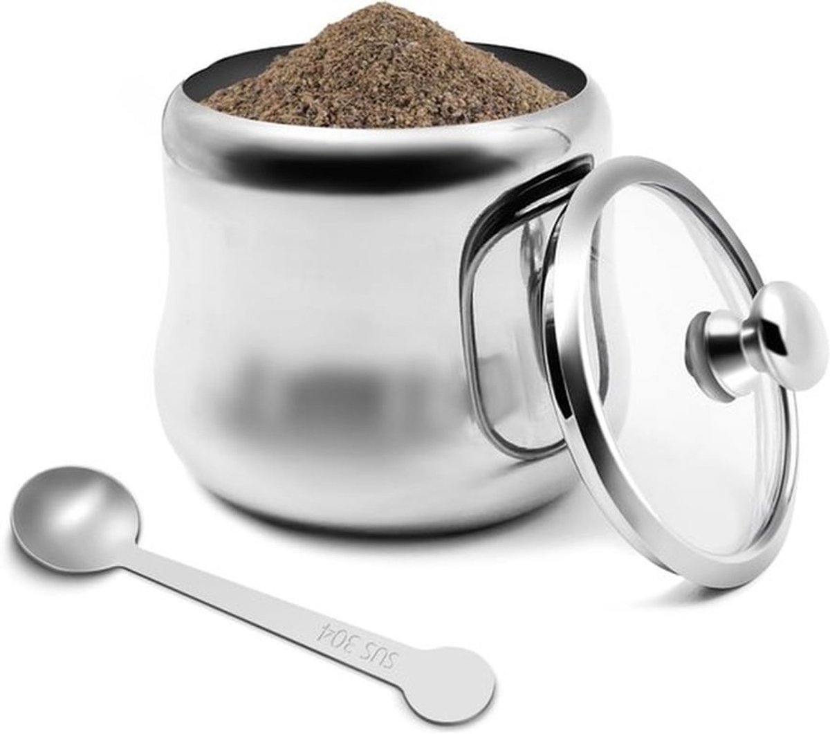Suikerpot en Kruidenpotje - RVS, 300 ml - Met Deksel en Lepel
