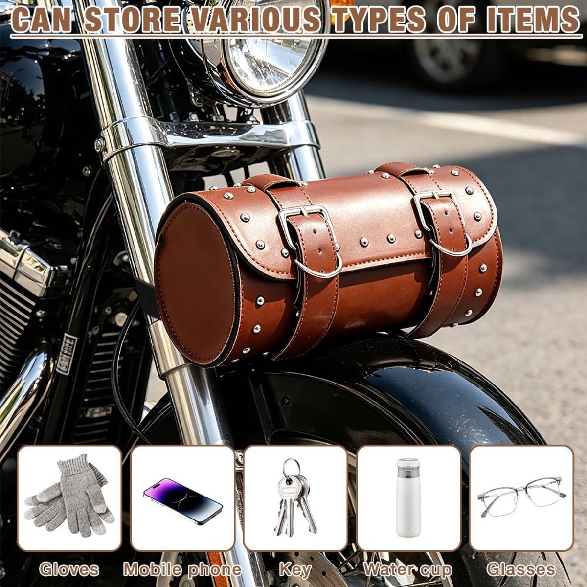 SnelShoppen - Universele Motorfiets Zadel Tas Gereedschap Tas PU Leer Waterdichte Tas Bruin - Stijlvolle Rivet Ontwerp, Ruime Opslag voor Motoraccesso