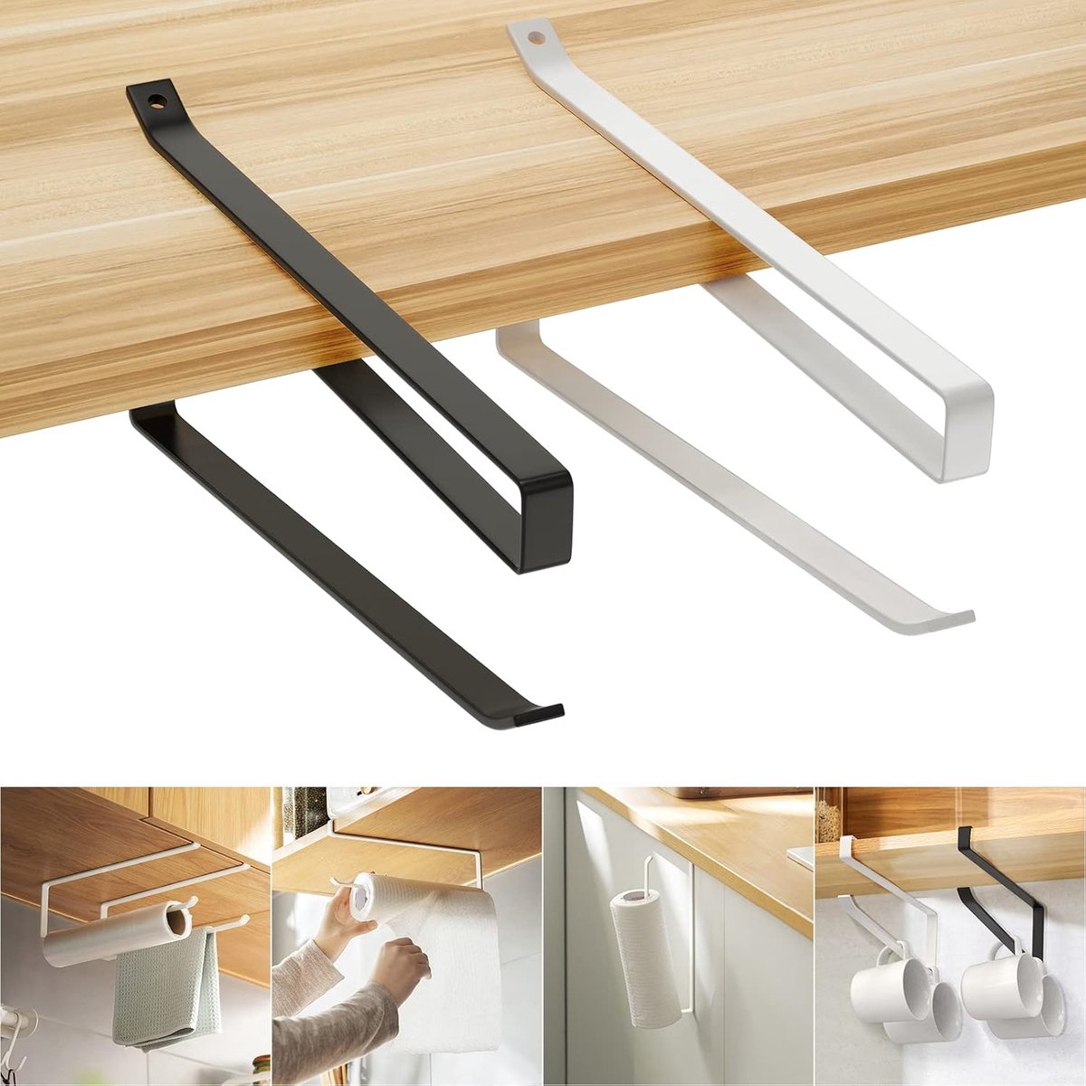 SnelShoppen - Keukenrolhouder Onder Kast - 2 Stuks Zelfklevend Papieren Handdoekhouder voor Aanrecht - Wandmontage Keukenhanddoekrek voor Badkamer, To