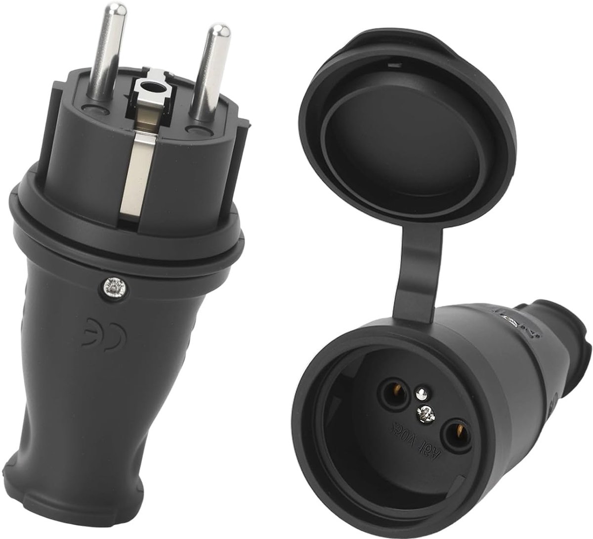 SnelShoppen - Schuko stekker en koppeling set voor buitengebruik, geaarde stekker 250V 16A met knikbescherming, geschikt voor 0,5-3 cm² kabel, IP44, z