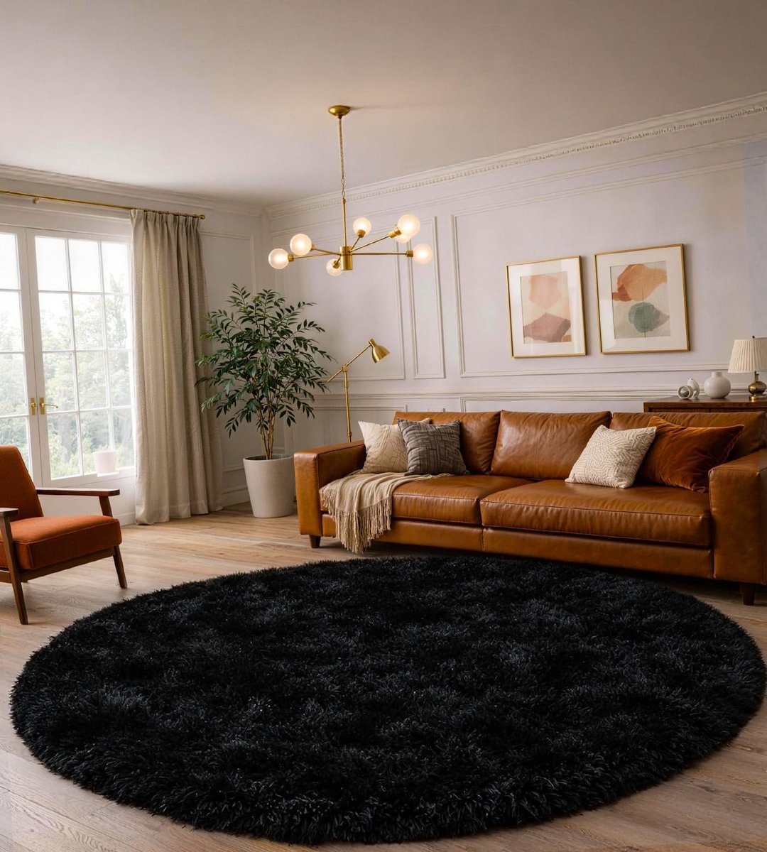 SnelShoppen - Vloerkleed Rond 120 cm Zwart Hoogpolig Wasbaar Antislip Zacht Wollig Modern voor Slaapkamer Woonkamer Kinderkamer