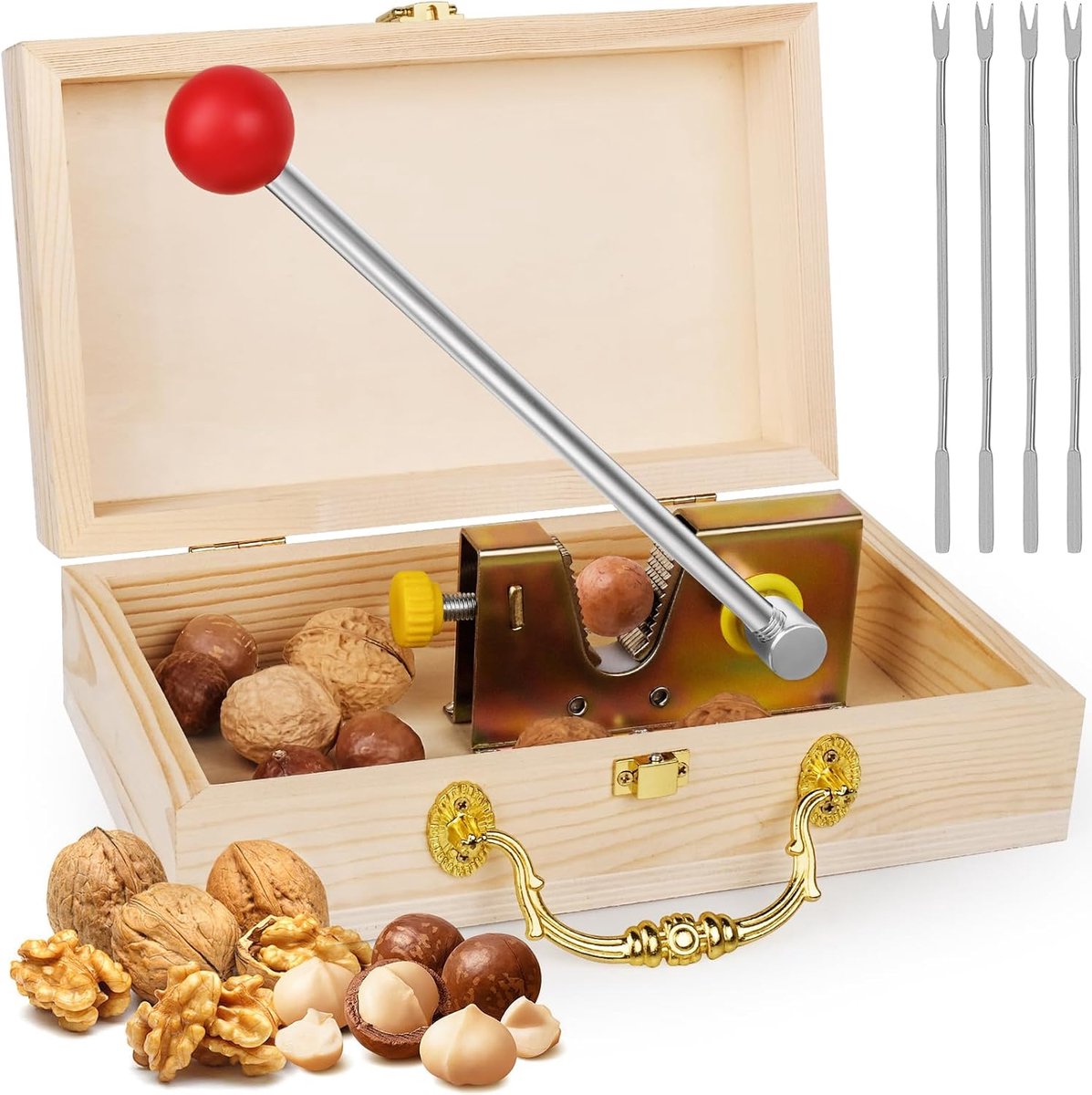 SnelShoppen - Heavy Duty Notenkraker met Houten Gift Box - Verstelbare Noot Cracker voor Walnoten, Pecannoten, Macadamia, Hazelnoten en Kastanien - Ha