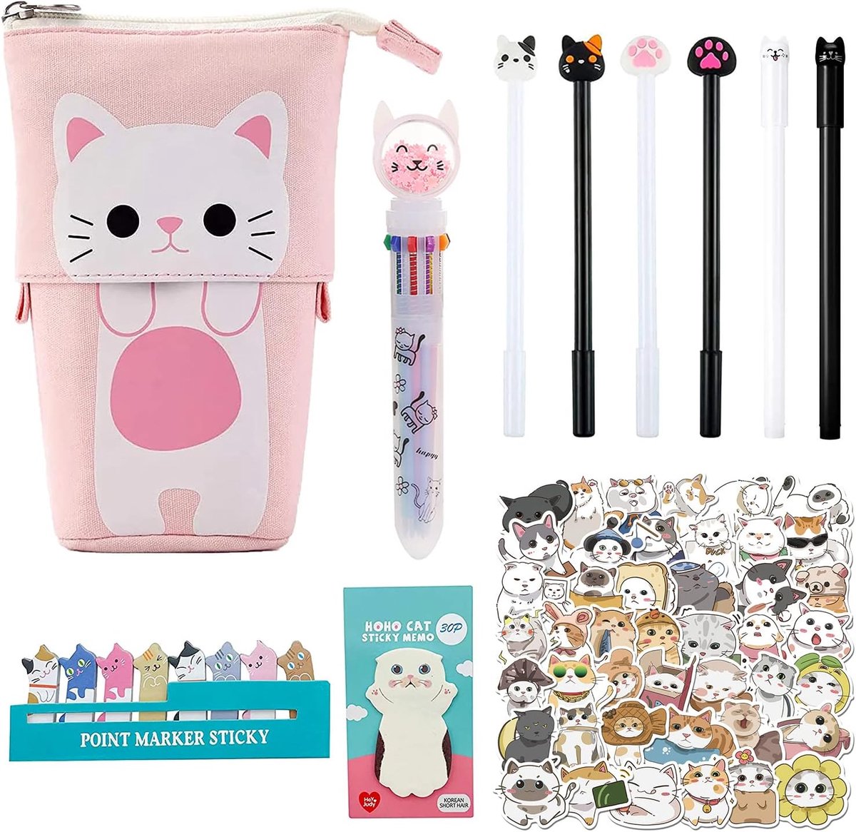SnelShoppen - Schattige Set van Kattenetuis voor Kinderen met Kleurrijke Balpen, 6 Gelpennen, 62 Kattenstickers en Memoblaadjes - Perfecte Cadeaus voo