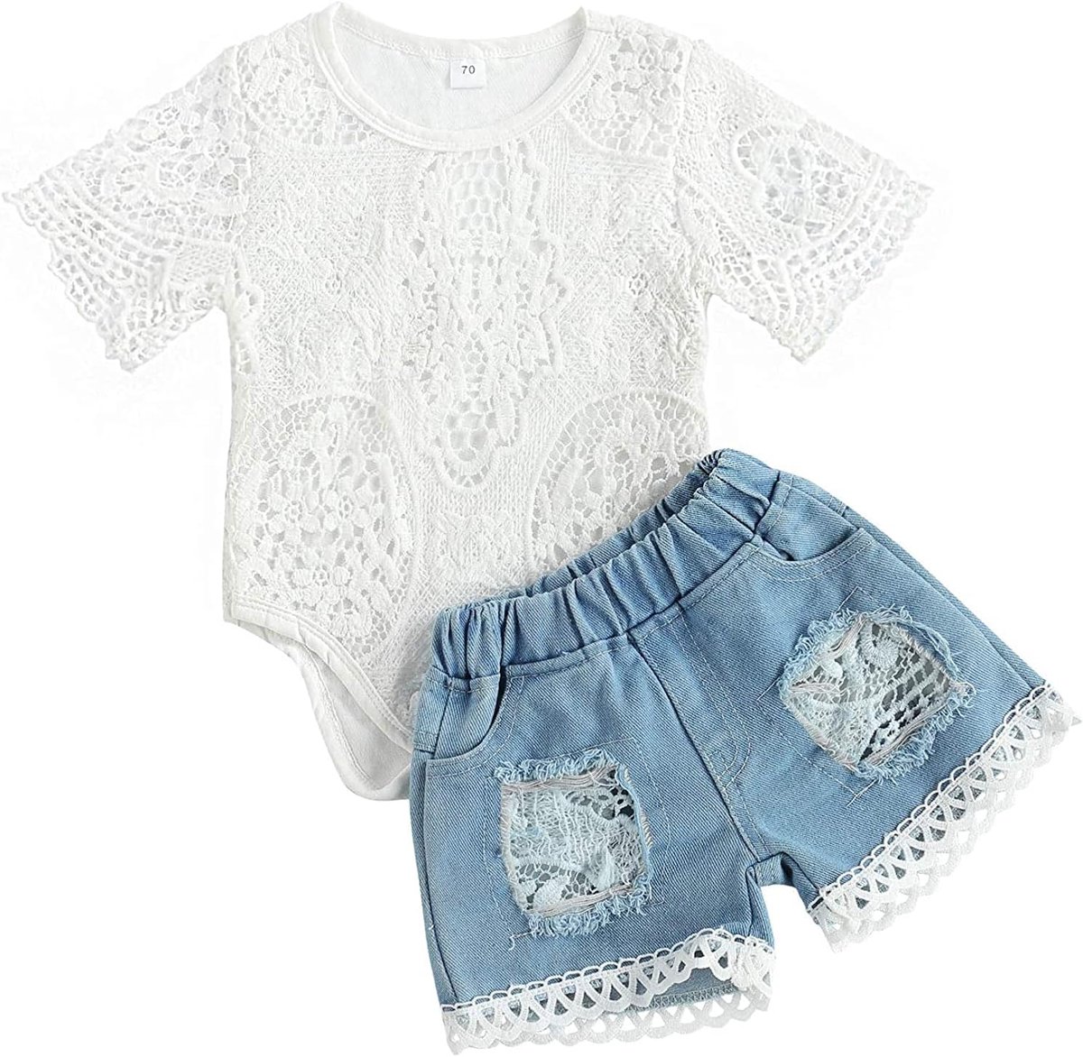 SnelShoppen - Pasgeboren Baby Meisje Kleding Set - Geborduurde Kant Romper met Gescheurde Jeans Denim Broek - Schattige Peuter Outfit voor Feestjes en