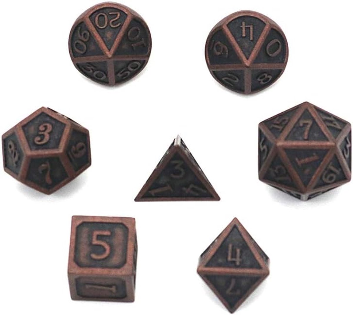 SnelShoppen - DND Dobbelstenen Set van 7 Stuks - Polyedrische Metalen D&D Dobbelstenen met Opbergtas - Antiek Koperrood - Perfect voor Rollenspellen e