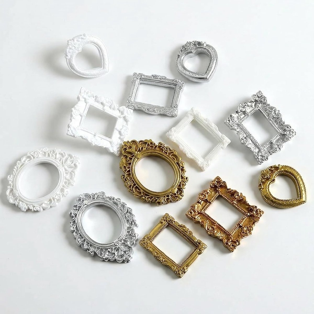 SnelShoppen - 12 stuks mini fotolijsten vintage set in goud, zilver, wit - Kleine fotolijsten voor knutselen, woondecoratie, cadeau en bewaren van her